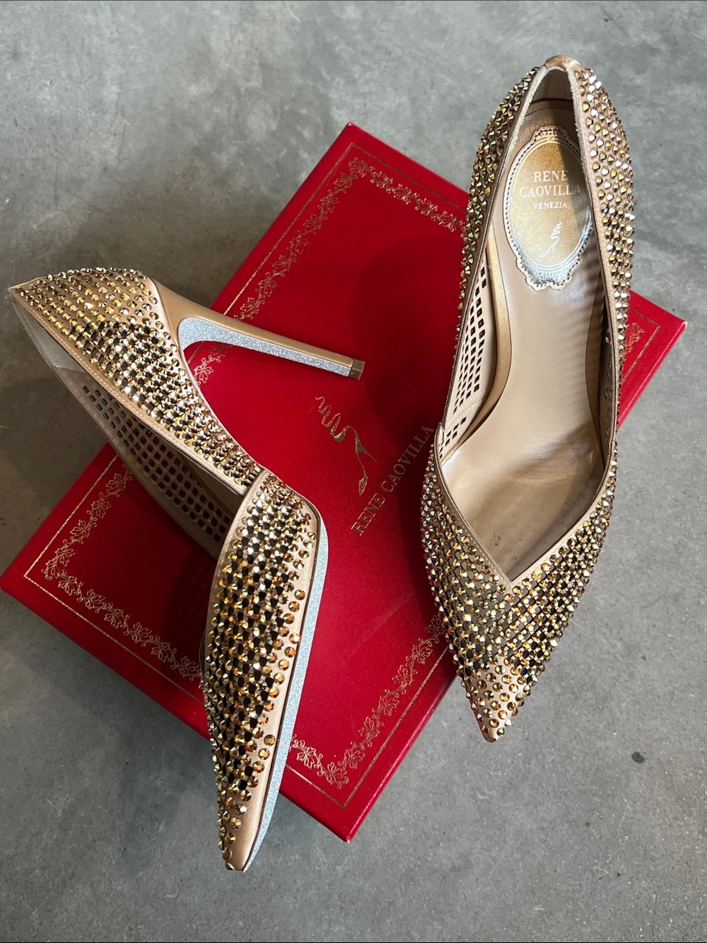 Rene Caovilla Gold Crystal-Studded Pointed Pumps